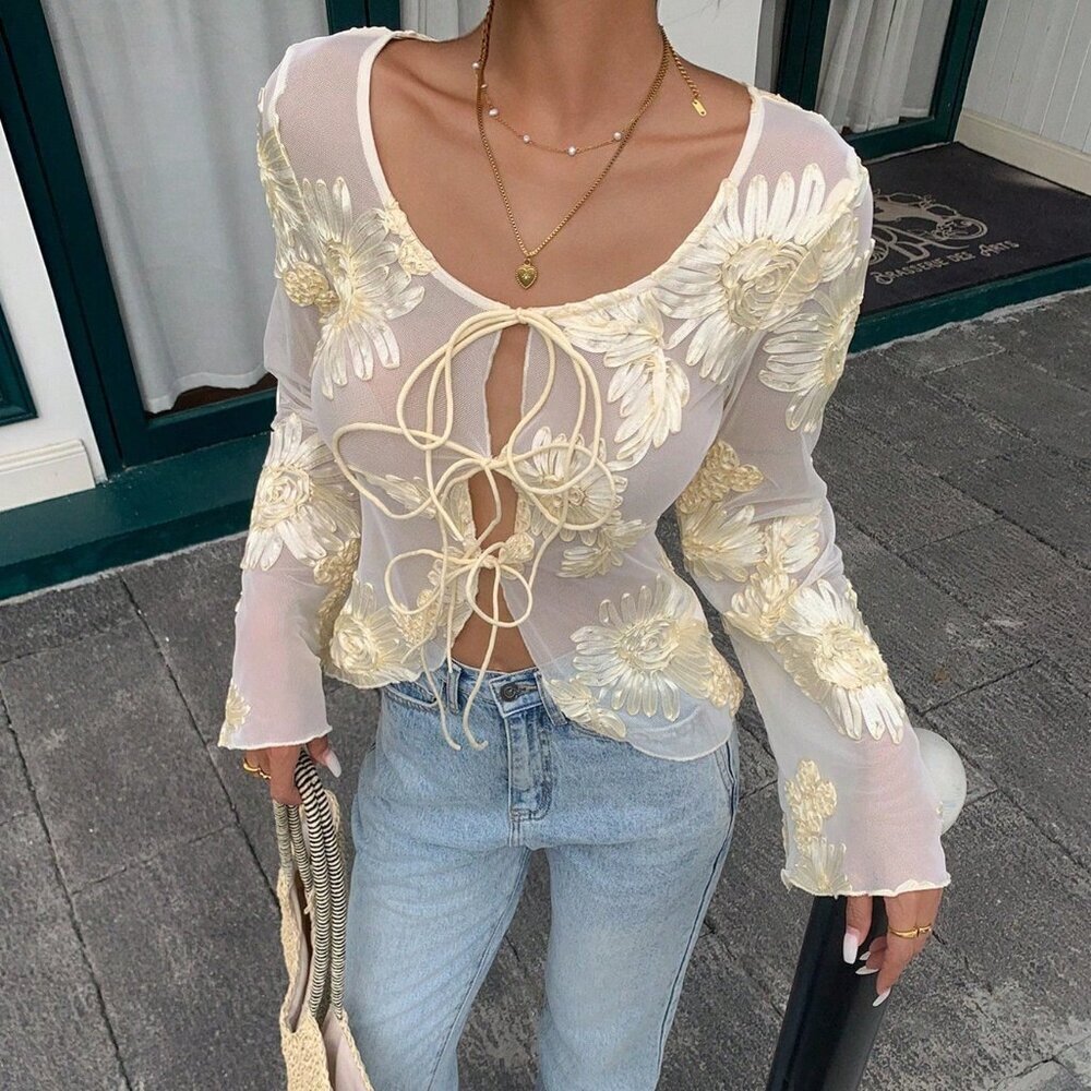 Apricot Elegant Women's Floral Mesh Long Sleeve Blouse - Picture 1 of 6